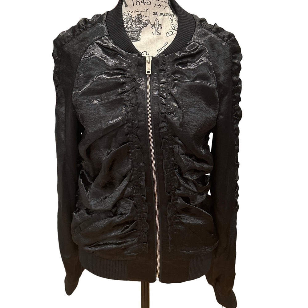 Runway NY MCMLXV & MCMLKIK Black Satin Ruffle Bomber Jacket S